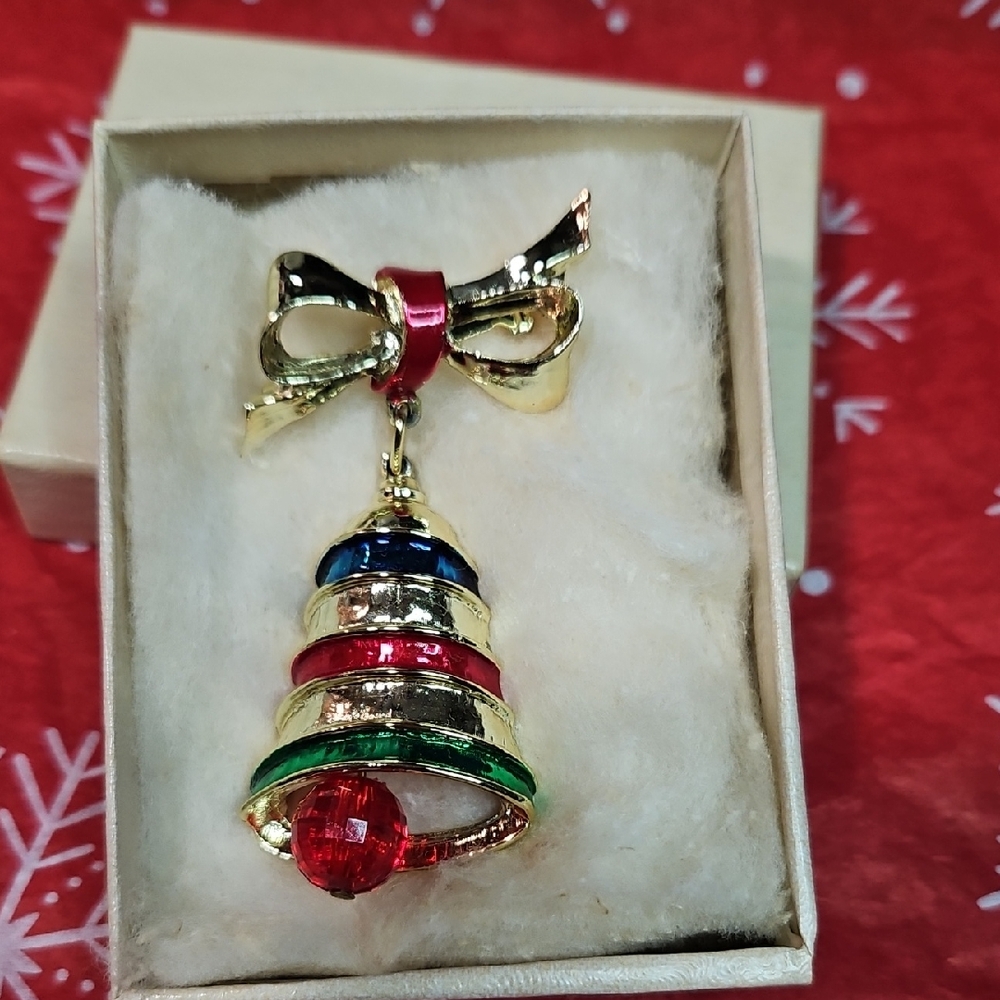 Festive Gold Bell Brooch with Multicolor Accents